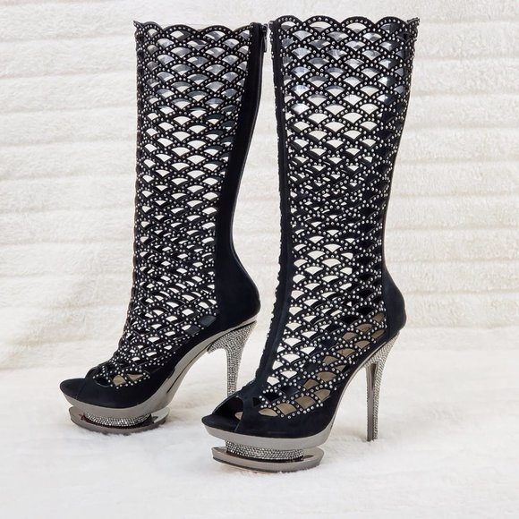 Fantasia Cutout Genuine Suede Rhinestone Boot 6" Heel Knee Boots - Picture 7 of 12